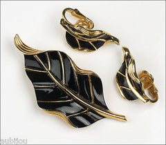 Vintage Crown Trifari Floral Black Enamel Leaf Brooch Pin Earrings Set Retro 1960's