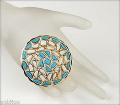 Vintage Crown Trifari Modern Mosaic White Blue Molded Glass Brooch Pin 1960's