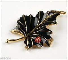 Vintage Crown Trifari Floral Black Enamel Leaf Ladybug Insect Fall Brooch Pin