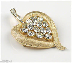 Vintage Crown Trifari Clear Rhinestone Floral Leaf Brooch Pin Earrings Set 1960's