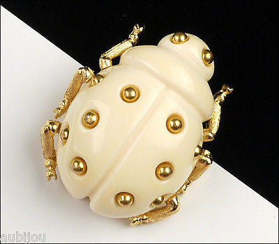 Vintage Trifari Figural Light Cream Lucite Lady Bug Insect Beetle Brooch Pin