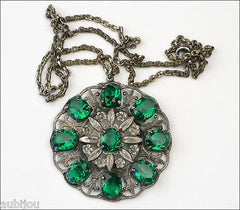 Vintage Czech Emerald Green Openback Rhinestone Pot Metal Pendant Victorian 1930's
