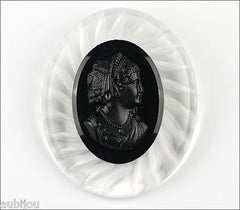 Vintage Large Carved Clear Lucite Black Celluloid Cameo Brooch Pin 1950's Plastic