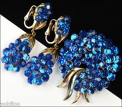 Vintage Trifari Briolette Cobalt Blue Rhinestone Brooch Pin Set Drop Earrings